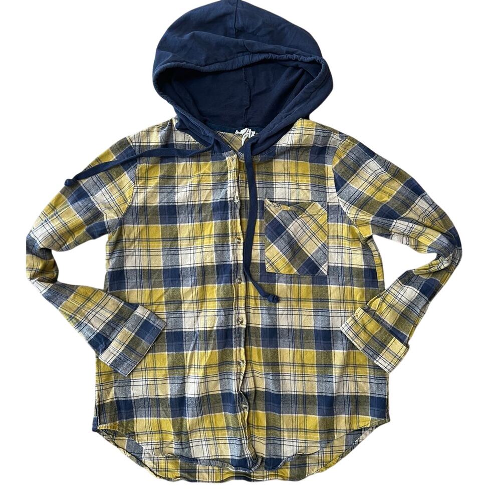 hem & thread goldenrod/navy flannel hoodie, women's size M